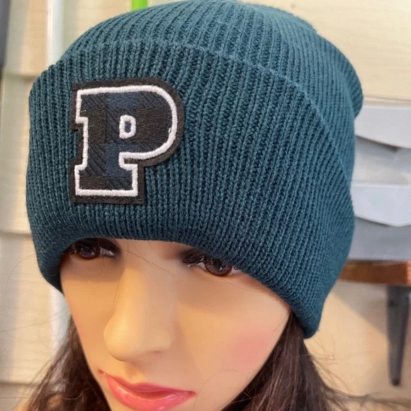 PINK VS Rib Knit Beanie In Black Ivy P Logo Graphic - Picture 5 of 12